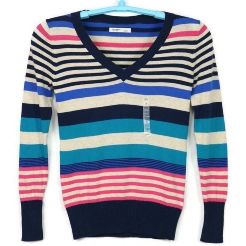 Old Navy Sweater V-Neck‎ Blue Pink Striped Long Sleeve S Small